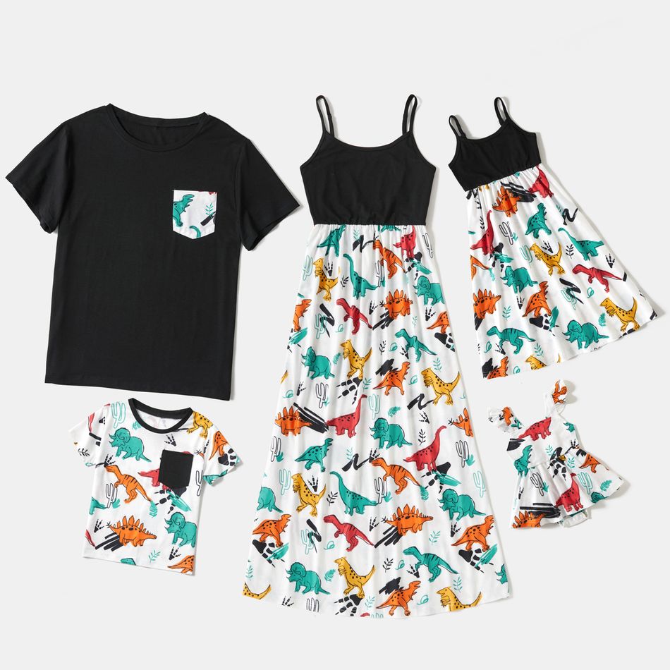 Dinosaur Print Cotton Family Matching Sets(Sling Midi Dresses and T-shirts) Black