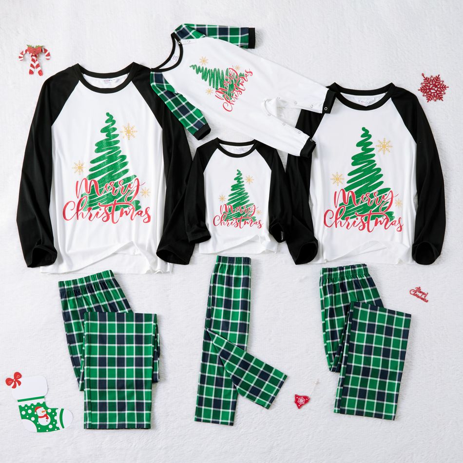 Family Matching Christmas Tree and Plaid Print Long-sleeve Pajamas Set(Flame Resistant) Black/White