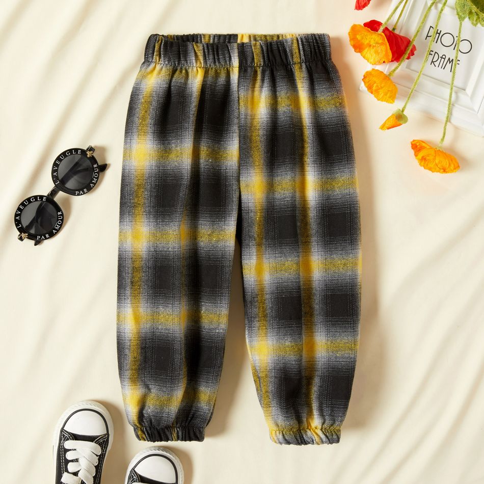 Calça xadrez elástica casual para criança pequena Amarelo big image 1