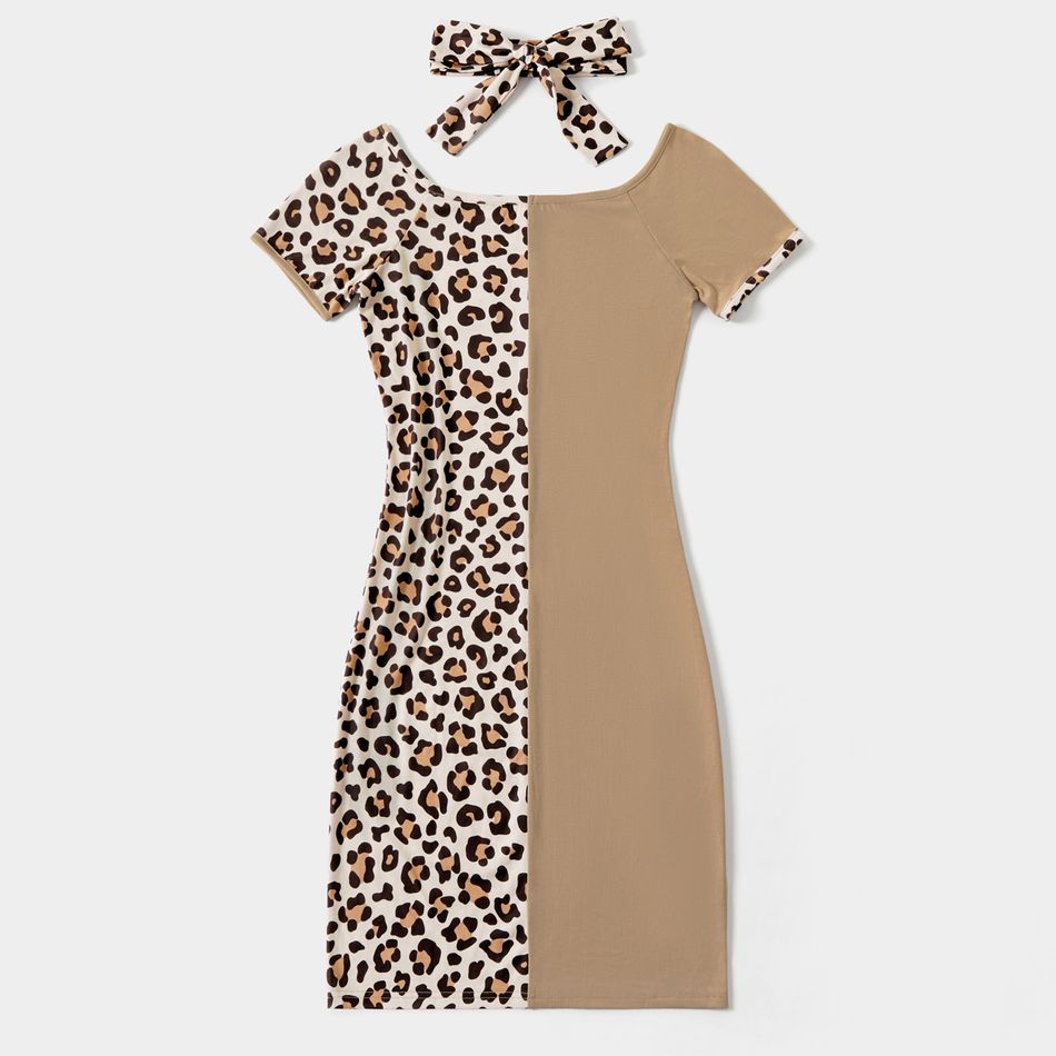 Leopard Splice Short-sleeve Matching Khaki Midi Dresses Khaki big image 2