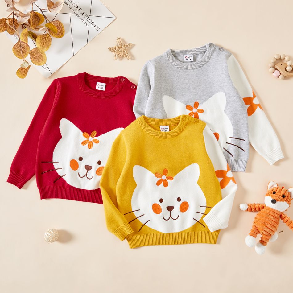 Baby Girl Cartoon Kitty Cat Long-sleeve Knitted Sweater Pullover Yellow big image 6