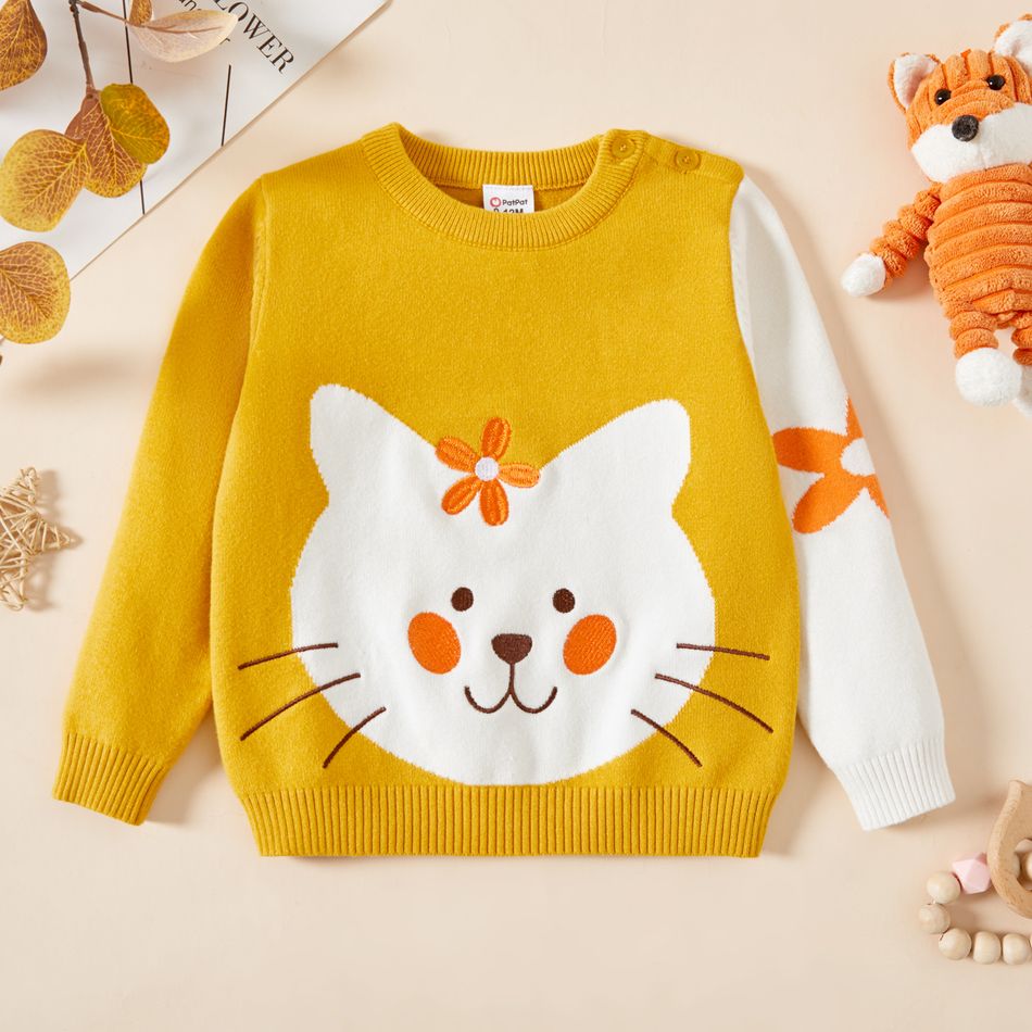 Baby Girl Cartoon Kitty Cat Long-sleeve Knitted Sweater Pullover Yellow