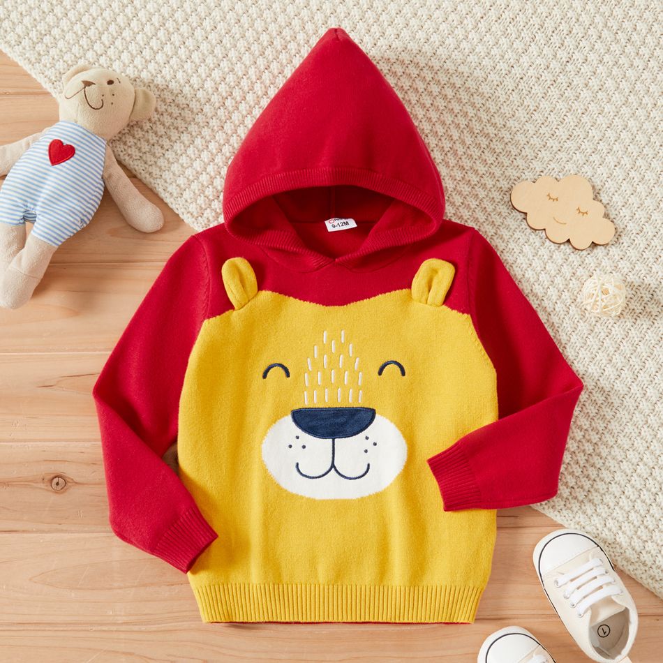 Baby Boy Cartoon Bear Pattern 3D Ears Colorblock Long-sleeve Hooded Knitted Sweater Yellow