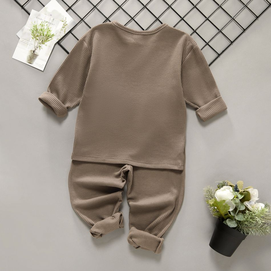 2-piece Toddler Boy/Girl Round-collar Long-sleeve Ribbed Solid Top with Pocket and Elasticized Pants Casual Set Khaki big image 7