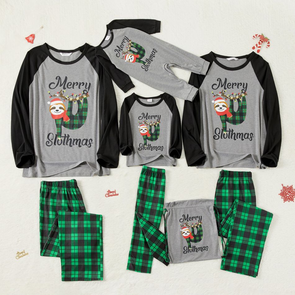Christmas Sloth Letter Print Splice Plaid Raglan Long-sleeve Family Matching Pajamas Set(Flame Resistant) Color block