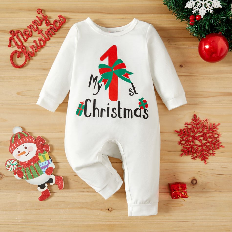 Baby Girl/Boy Christmas Cane and Letter Print Long-sleeve Jumpsuit White