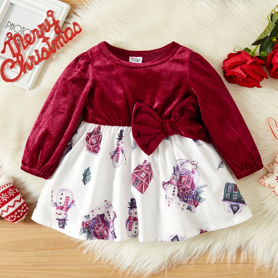 Christmas Snowman Print Baby Girl Splicing Velvet Long-sleeve Bowknot Dress Red