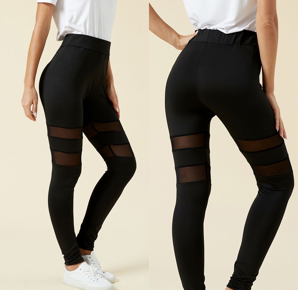Solid Mesh Splice Women Tights Leggings Black