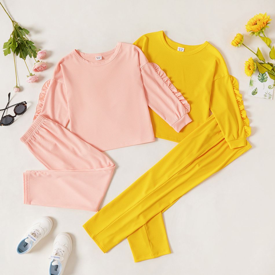 2-piece Kid Girl Ruffled Ribbed Long-sleeve Top and Solid Leggings Set Pink
