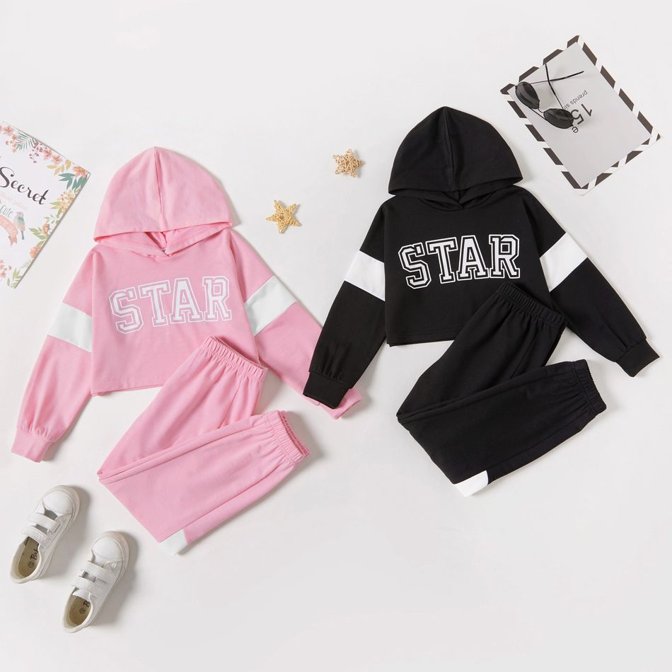 2-piece Kid Girl Letter Print Colorblock Hoodie Sweatshirt and Colorblock Pants Set Pink