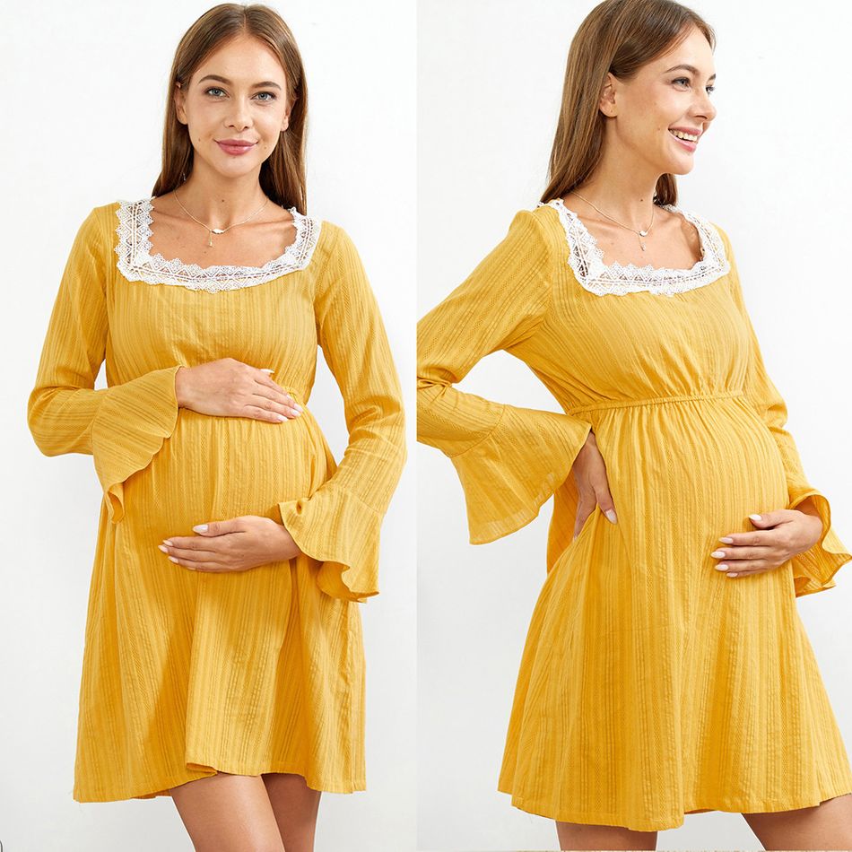 Maternity Solid Lace Splice Square Neck H Long-sleeve Dress Ginger