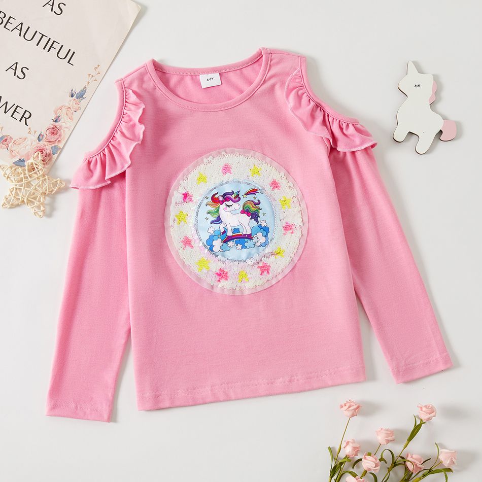 Pretty Kid Girl Unicorn Print Sequined Flounce Cold Shoulder Long-sleeve Pink T-shirt Pink