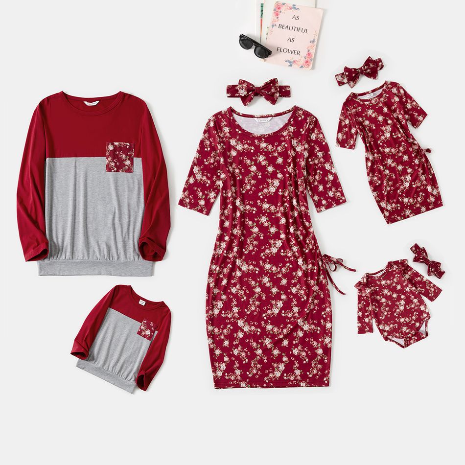 Floral Print Colorblock Family Matching Sets Burgundy