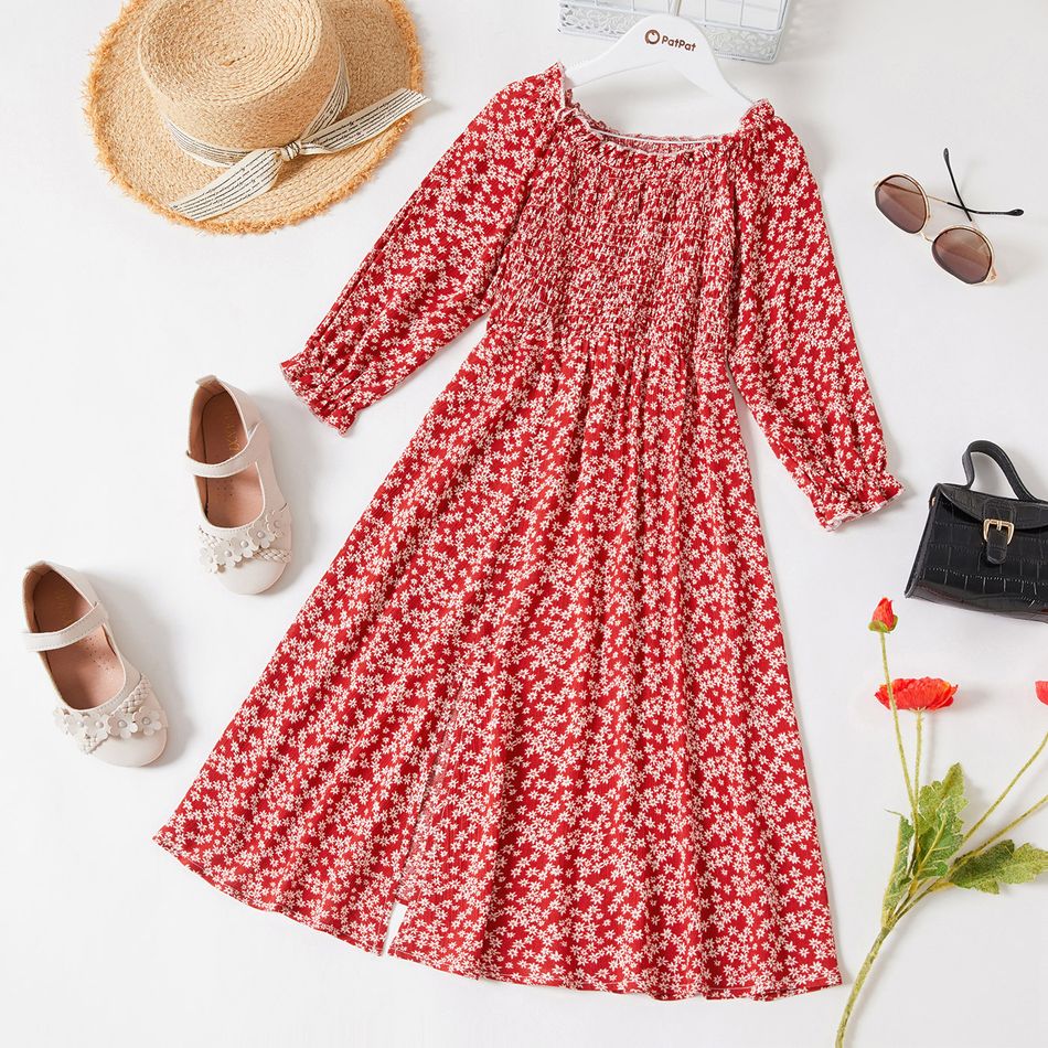 Kid Girl Off Shoulder Floral Print Slit Long Ruffle-sleeve Dress Brown big image 1