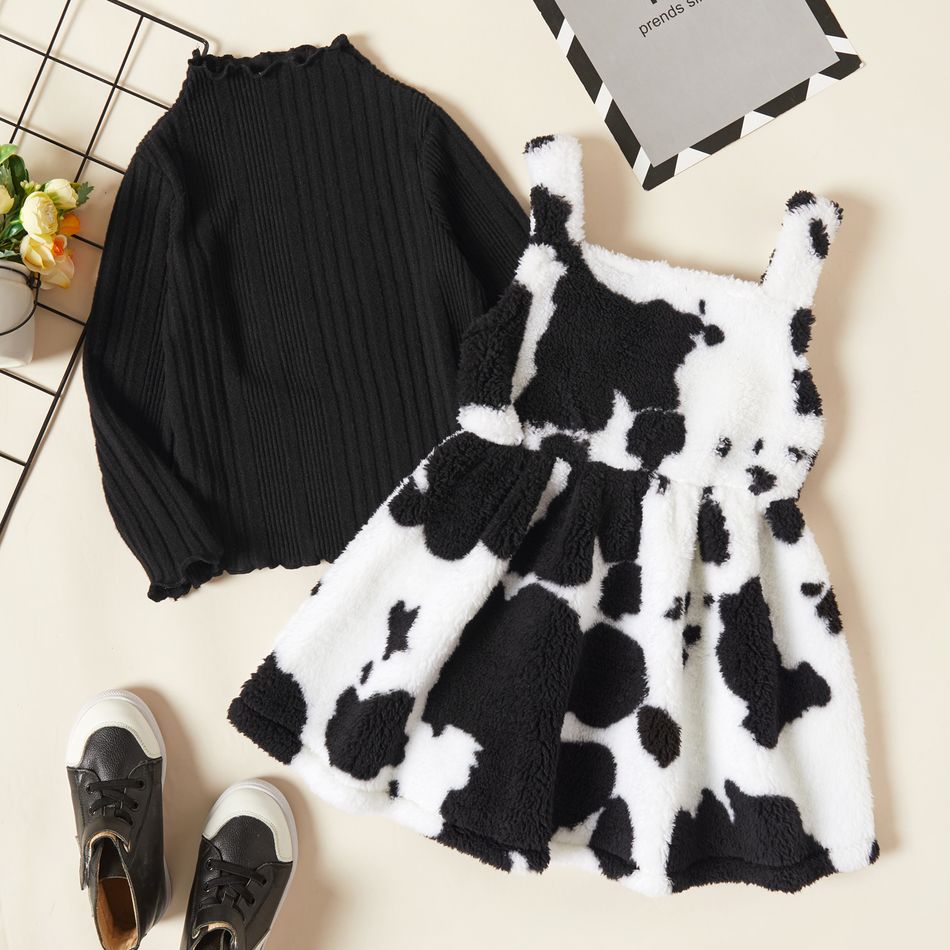 2-piece Toddler Girl Lettuce Trim Ribbed Knit Black Top and Cows Print Fuzzy Overall Dress Set Black