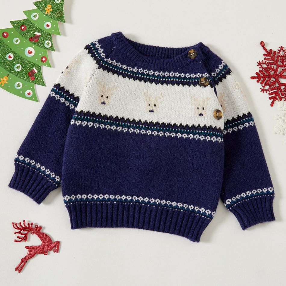 Christmas Deer and Snowflake Long-sleeve Baby Knitted Sweater Pullover Dark Blue/white