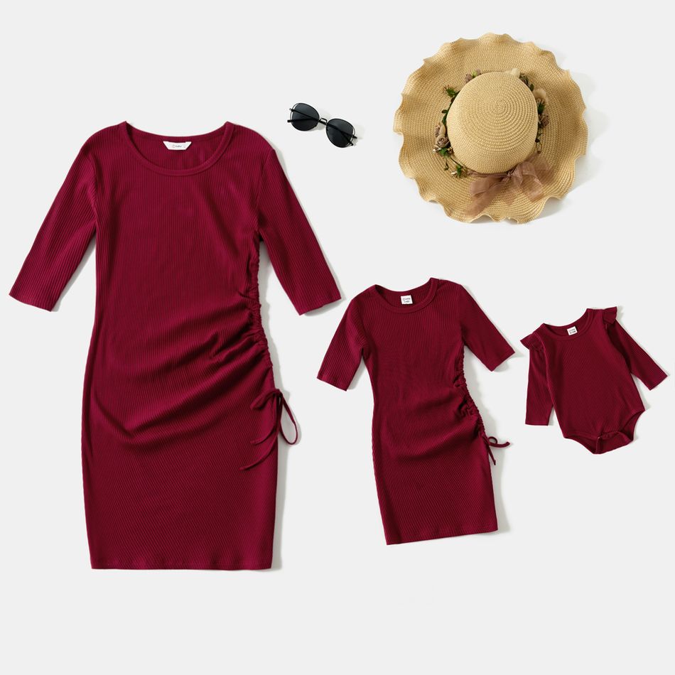 Ribbed Cotton Solid Half-sleeve Bodycon Dress for Mom and Me Cameo brown