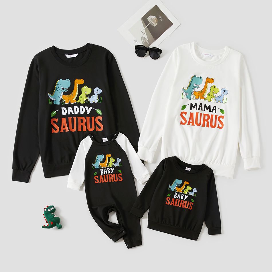 Dinosaur and Letter Print Matching Sweatshirts Pullovers Black/White