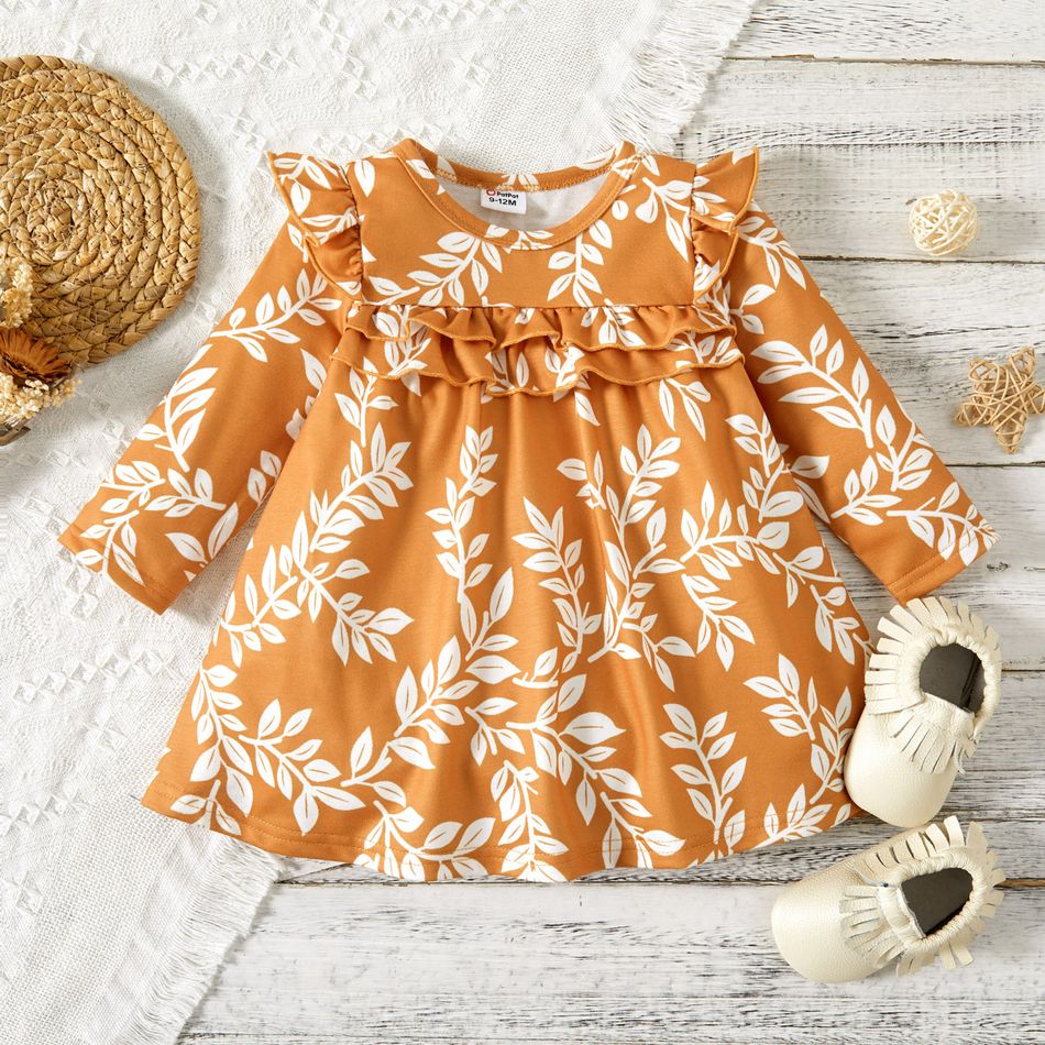 Baby Girl All Over Leaves Print Ruffle Long-sleeve Casual Dress Brown