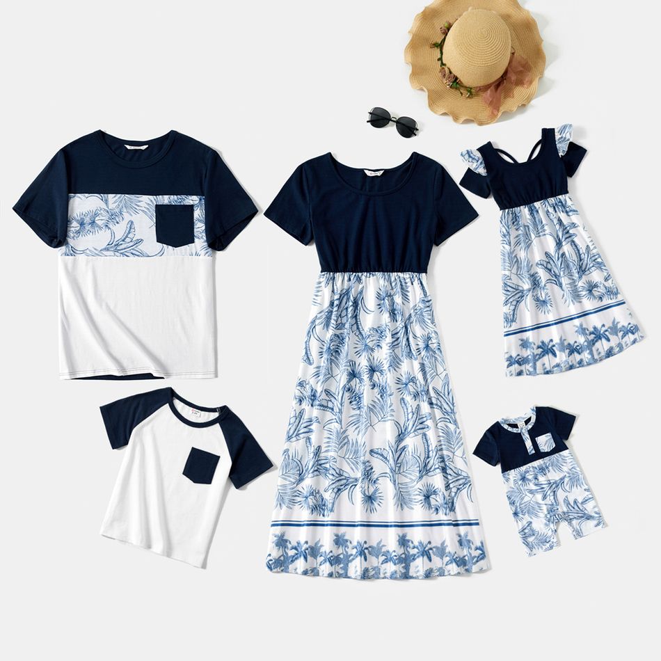 Plant Allover Printing Splice Short-sleeve Family Matching Sets Royal Blue