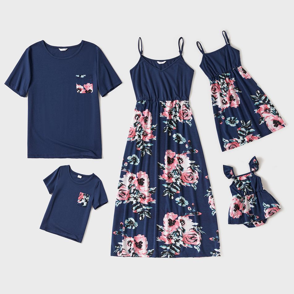 Floral Print Family Matching Sets(Sling Dresses for Mom and Girl ; Short Sleeve T-shirts for Dad and Boy) Dark Blue