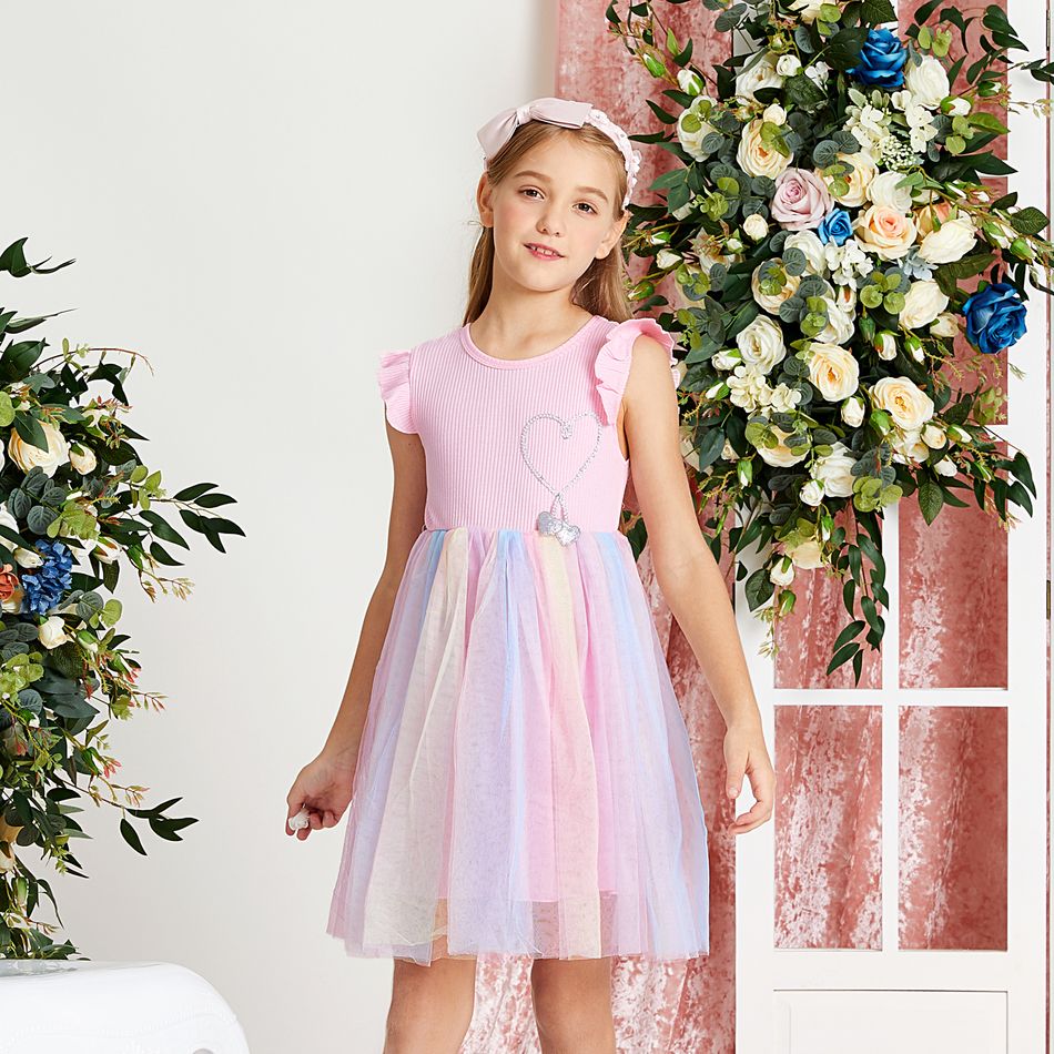Beautiful Kid Girl Princess Fly Sleeve Heart Rainbow Mesh Party Dress Pink big image 6