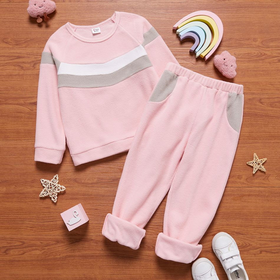 2-piece Kid Girl Colorblock Fuzzy Pullover and Elasticized Pants Set Pink big image 1
