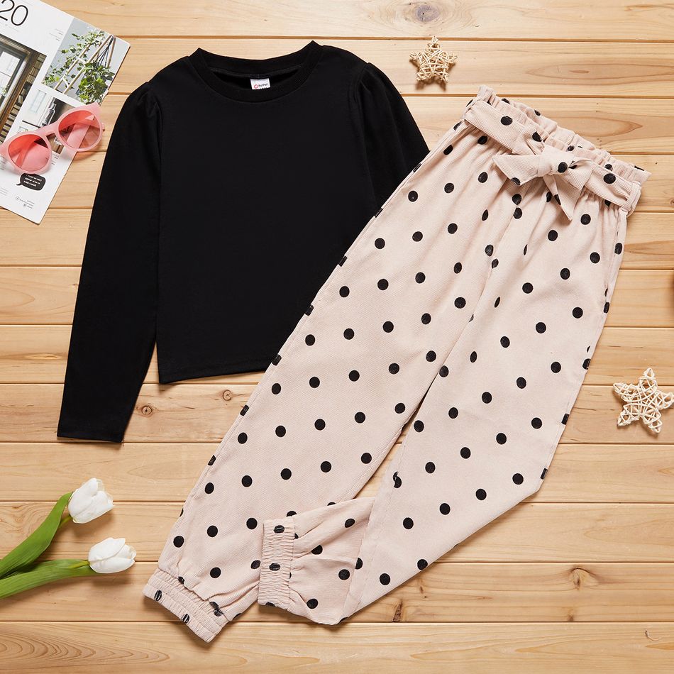 2-piece Kid Girl 100% Cotton Round-collar Long-sleeve Black Top and Polka dots Bowknot Design Paperbag Pants Set Multi-color