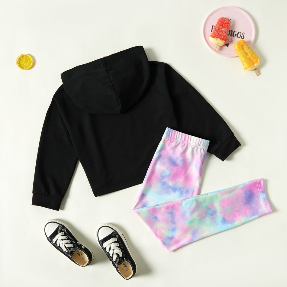 2-piece Kid Girl Food Print Black Hoodie and Tie Dye Leggings Set Black big image 2