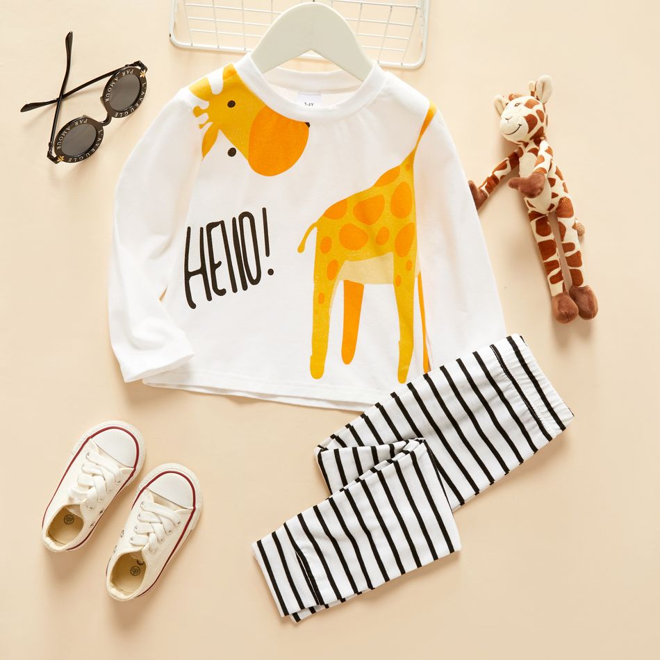 2-piece Toddler Girl/Boy Letter Giraffe Print Long-sleeve Tee and Stripe Pants Set White big image 1