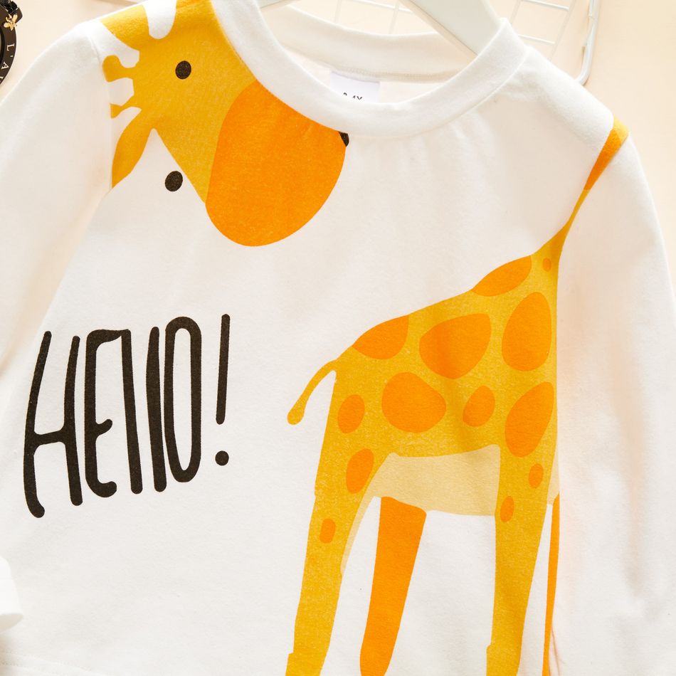 2-piece Toddler Girl/Boy Letter Giraffe Print Long-sleeve Tee and Stripe Pants Set White big image 4