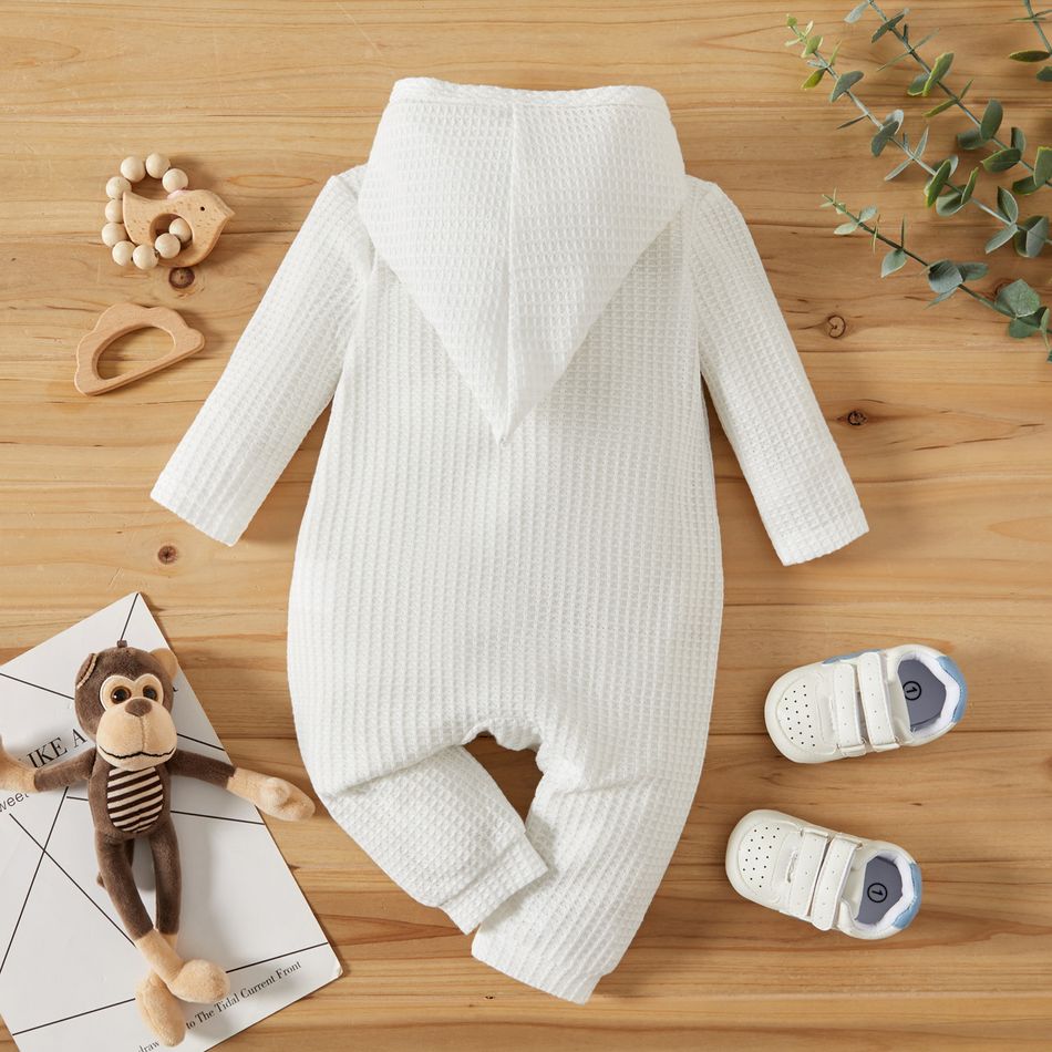 Baby Boy Solid Waffle Double Breasted Long-sleeve Hooded Jumpsuit White big image 5