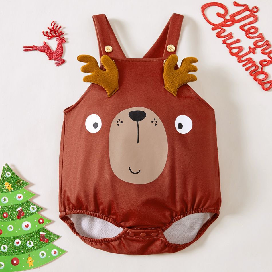Christmas Reindeer Print 3D Antlers Baby Girl Sleeveless Romper Overalls Brown