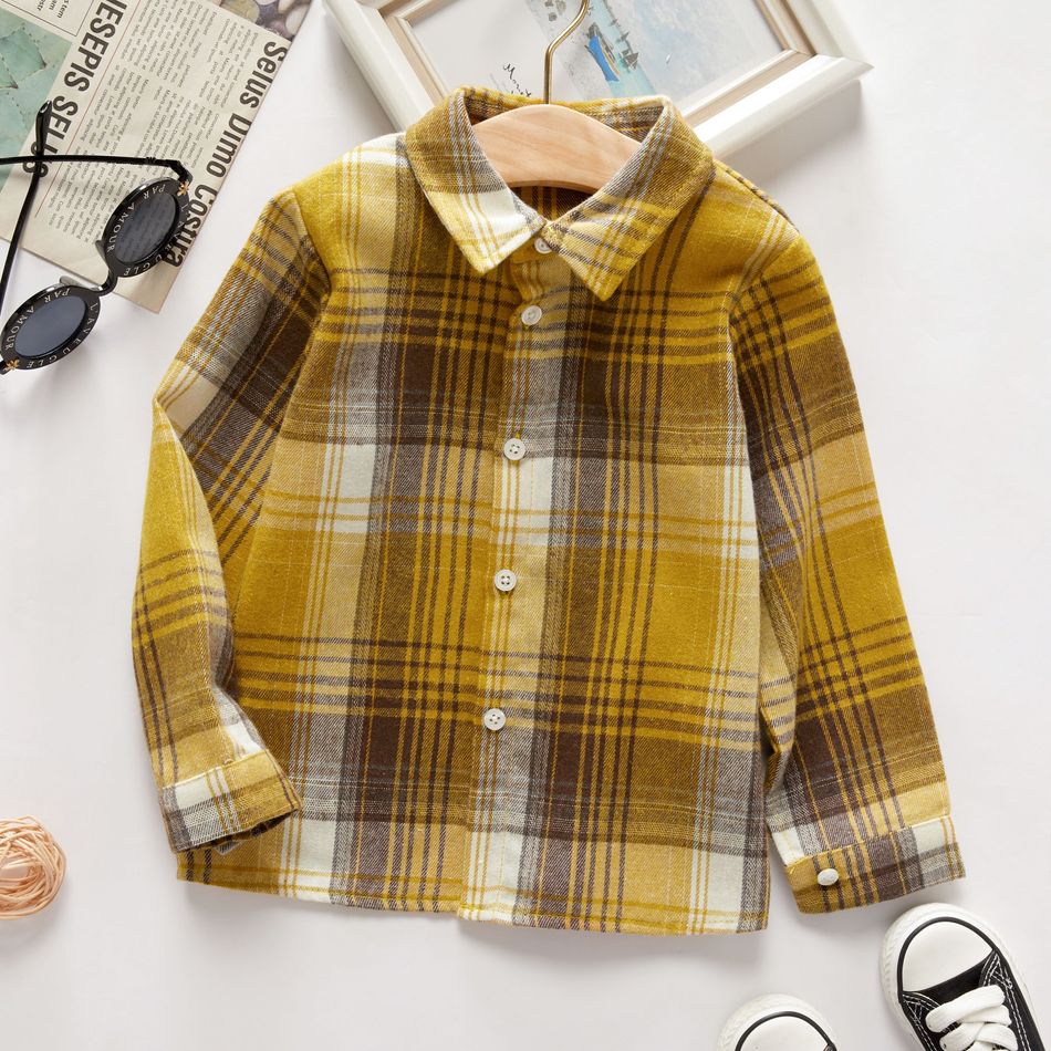 Toddler Boy Lapel Collar Button Design Long-sleeve Plaid Shirt Yellow