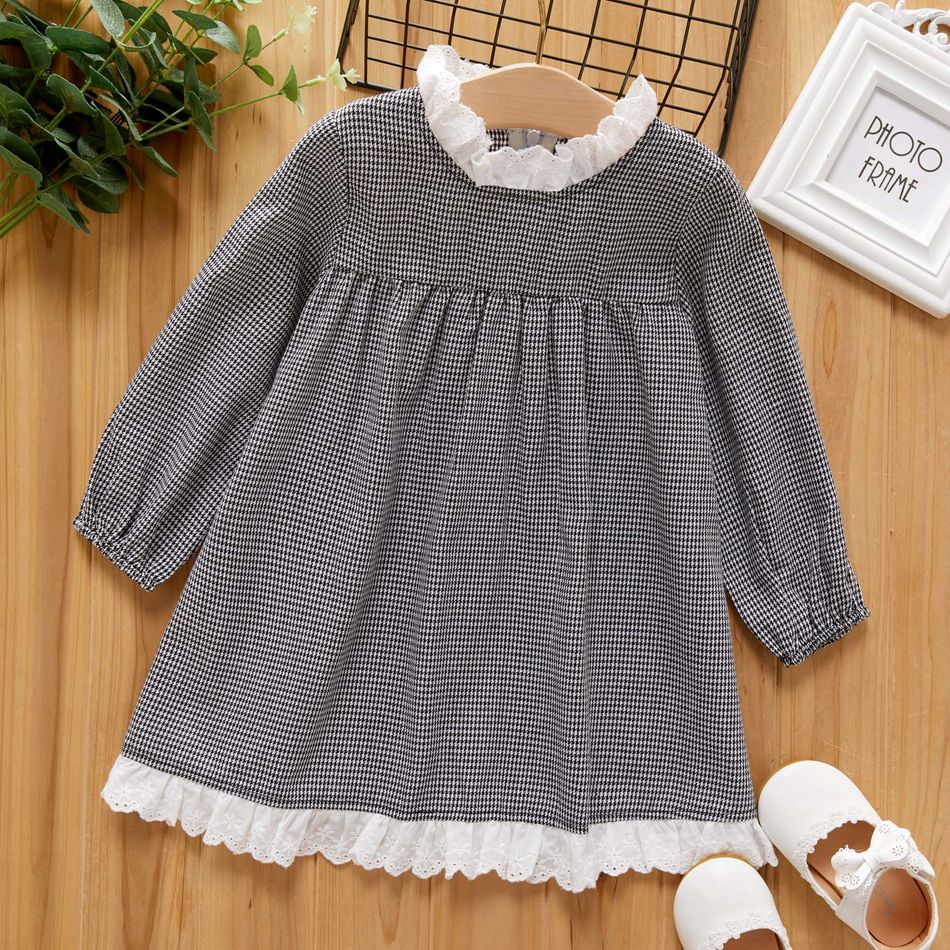 Toddler Girl Houndstooth Schiffy Collar Hem Long-sleeve Dress Black