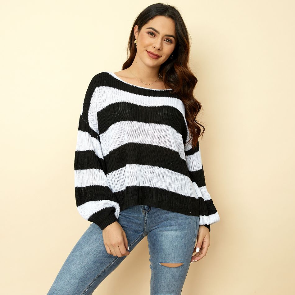 Black and White Stripe One-shoulder Long-sleeve Knit Sweater Black/White