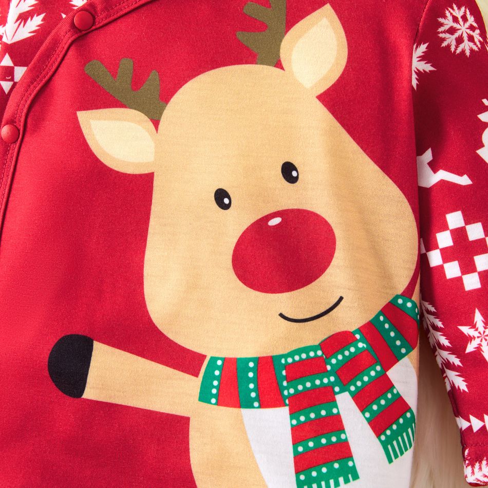 Christmas Cartoon Reindeer Print Red Baby Boy/Girl Long-sleeve Jumpsuit Red big image 3