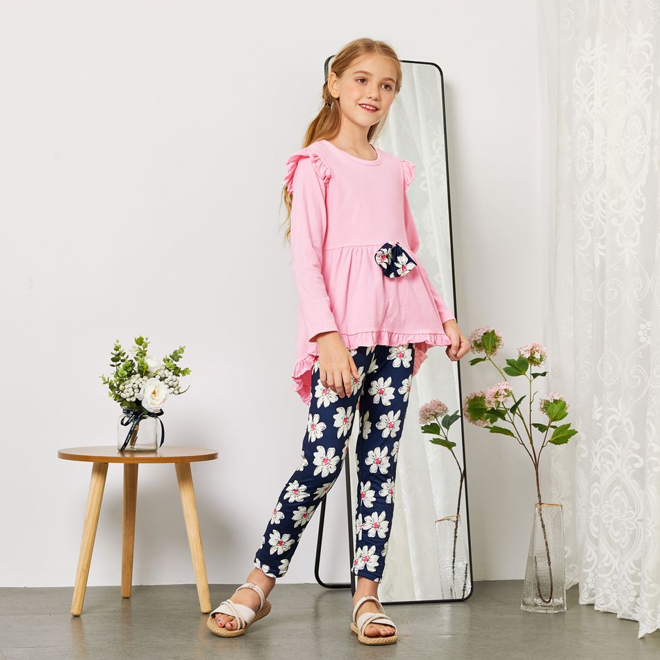 2-piece Kid Girl Bowknot Ruffled Long-sleeves Tee and Flower Allover Print  Pants Pink big image 6