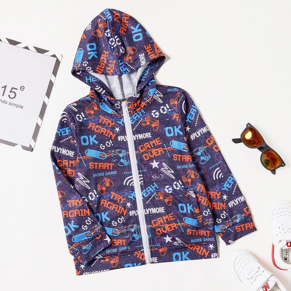 Kid Boy Letter Game Console Print Zipper Hoodie Jacket Blue