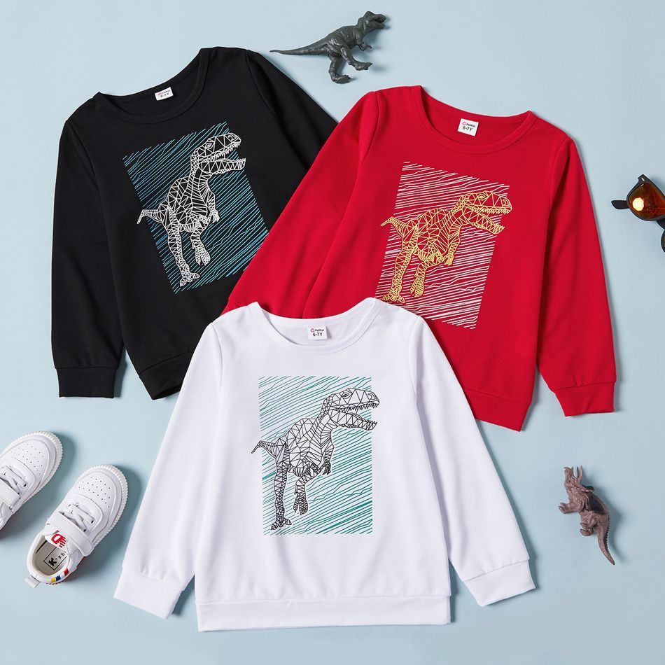 Kid Boy Dinosaur Print Striped Pullover Sweatshirt White