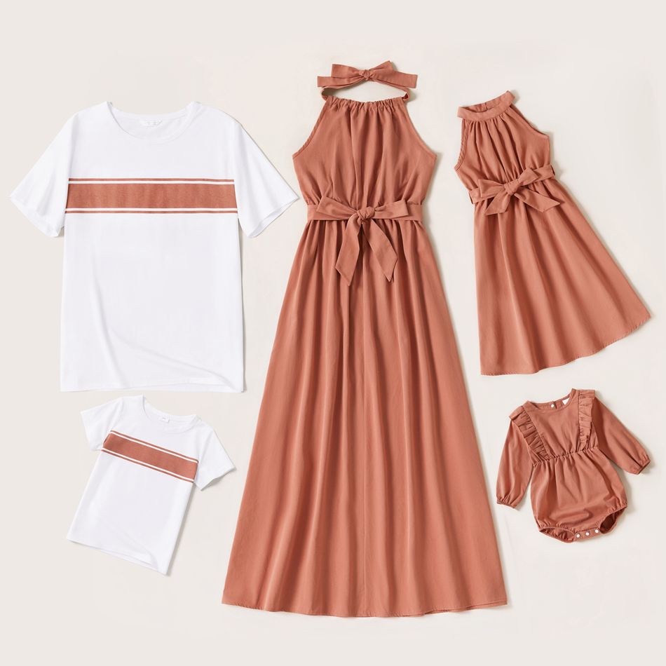 Family Matching Coral Sleeveless Halter Neck Maxi Dresses and Short Sleeve T-shirts Sets Coral