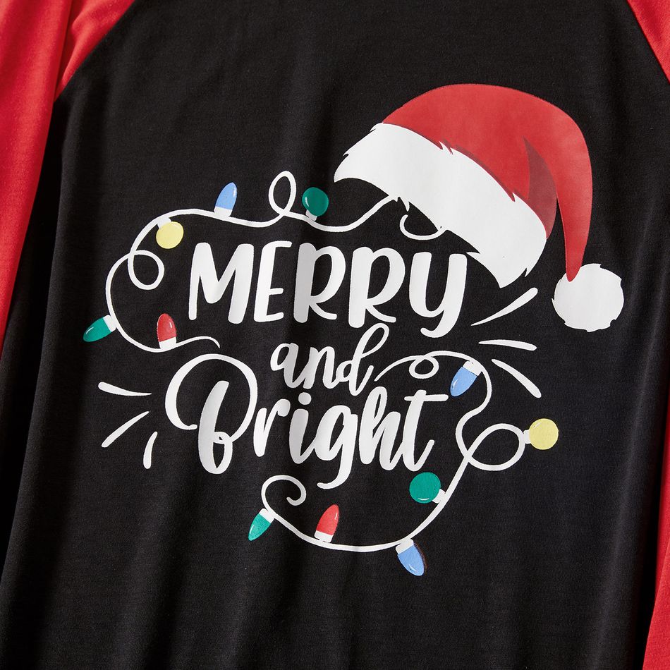 Family Matching Christmas Letters and Light Bulbs Print Raglan Long-sleeve Pajamas Sets (Flame Resistant) Black big image 3