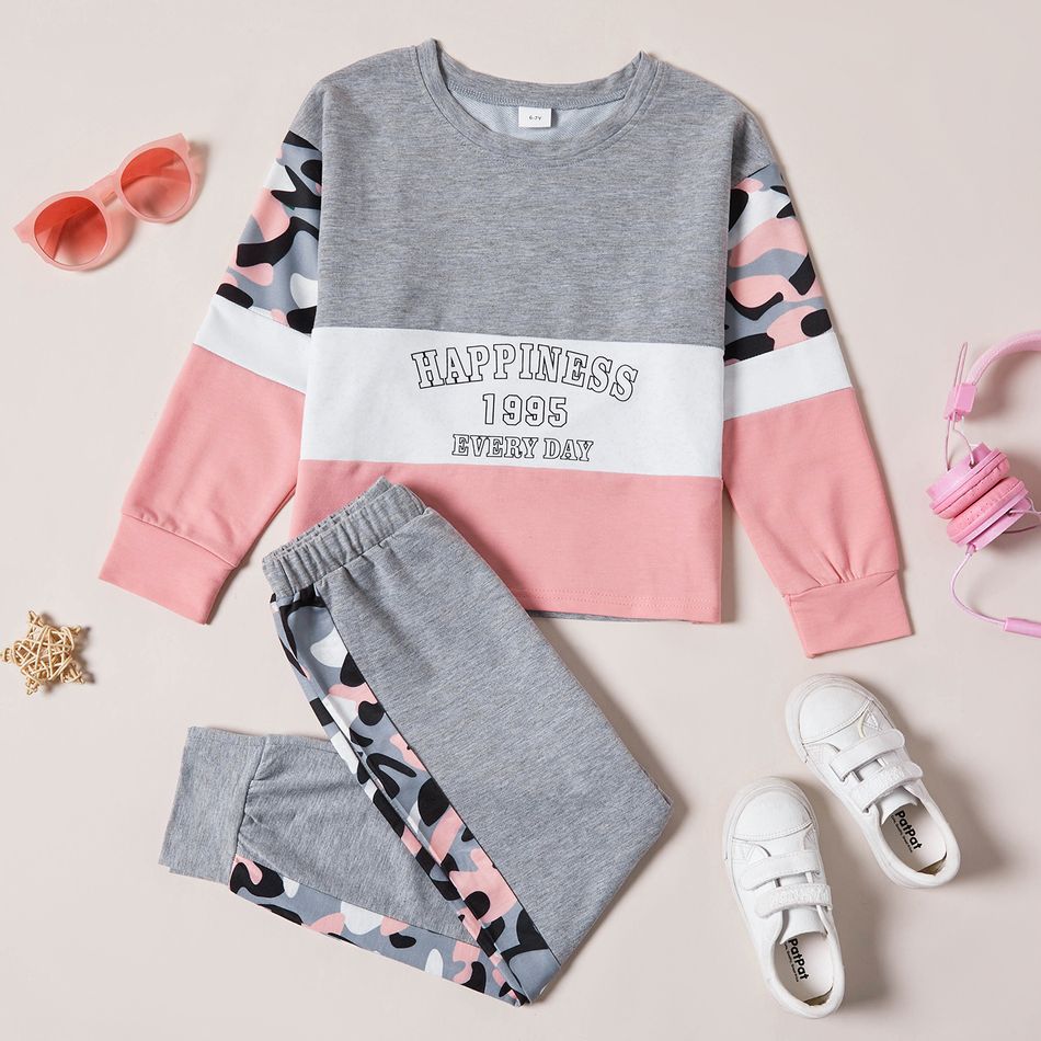 2-piece Kid Girl Letter Camouflage Print Colorblock Long-sleeve Tee and Elasticized Pants Set Grey