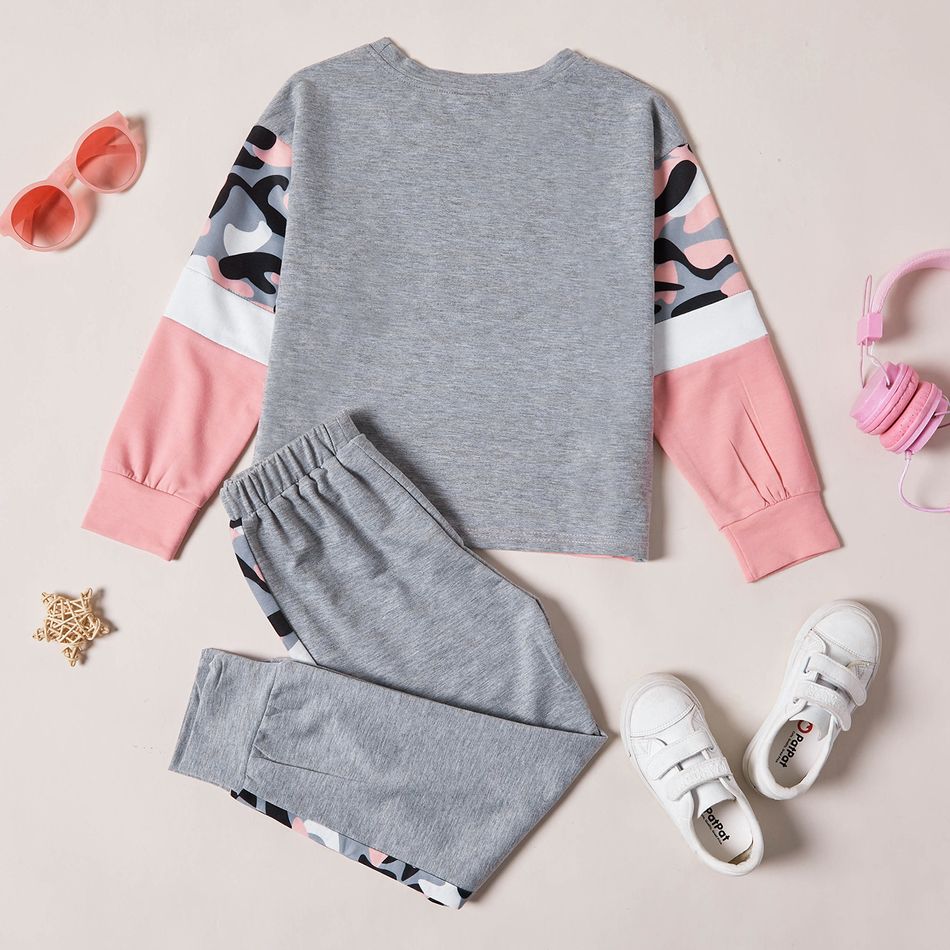 2-piece Kid Girl Letter Camouflage Print Colorblock Long-sleeve Tee and Elasticized Pants Set Grey big image 2