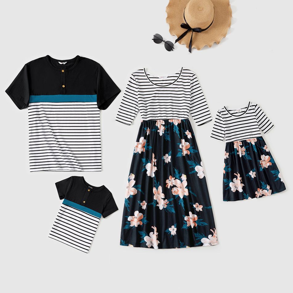 Family Matching Stripe Floral Splice Half-sleeve Dresses and Colorblock Short-sleeve T-shirts Sets Black/White