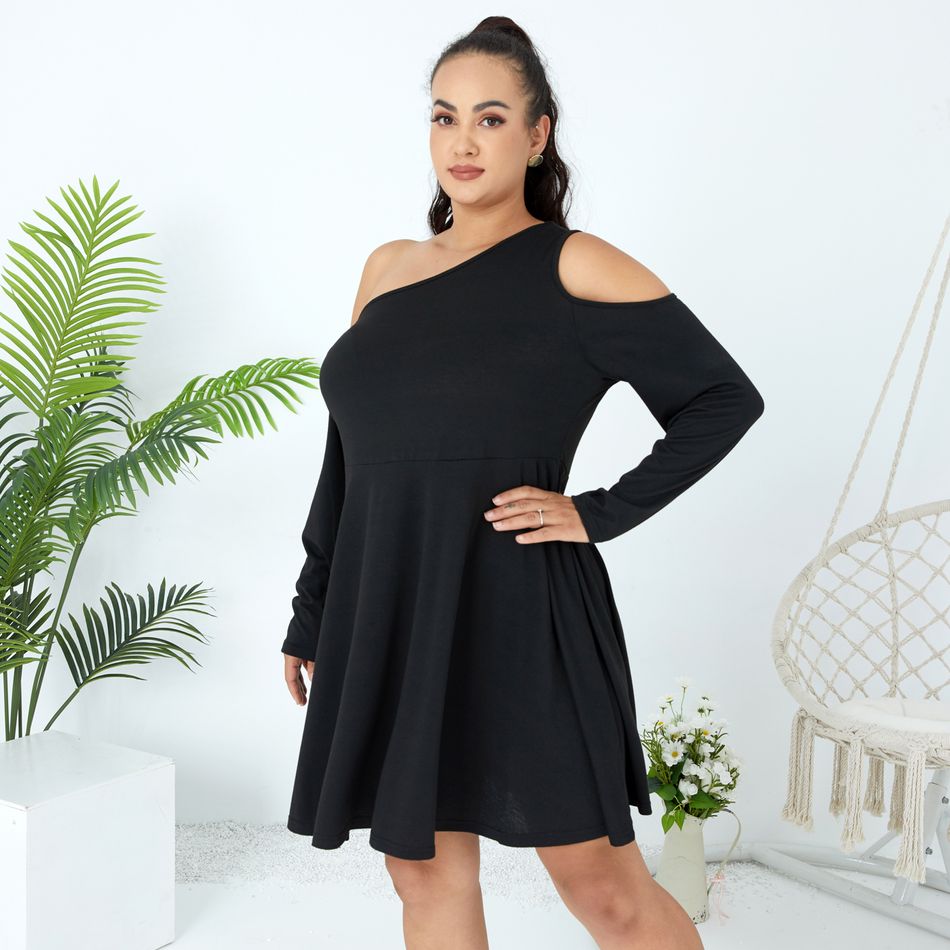 Women Plus Size Elegant Cold Shoulder Long-sleeve Black Short Dress Black