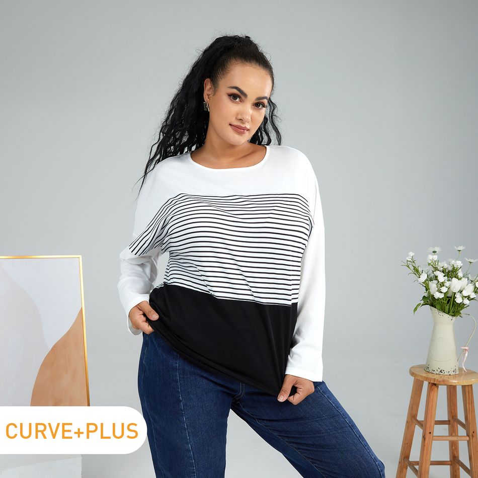 Women Plus Size Casual Stripe Long-sleeve Tee Black/White