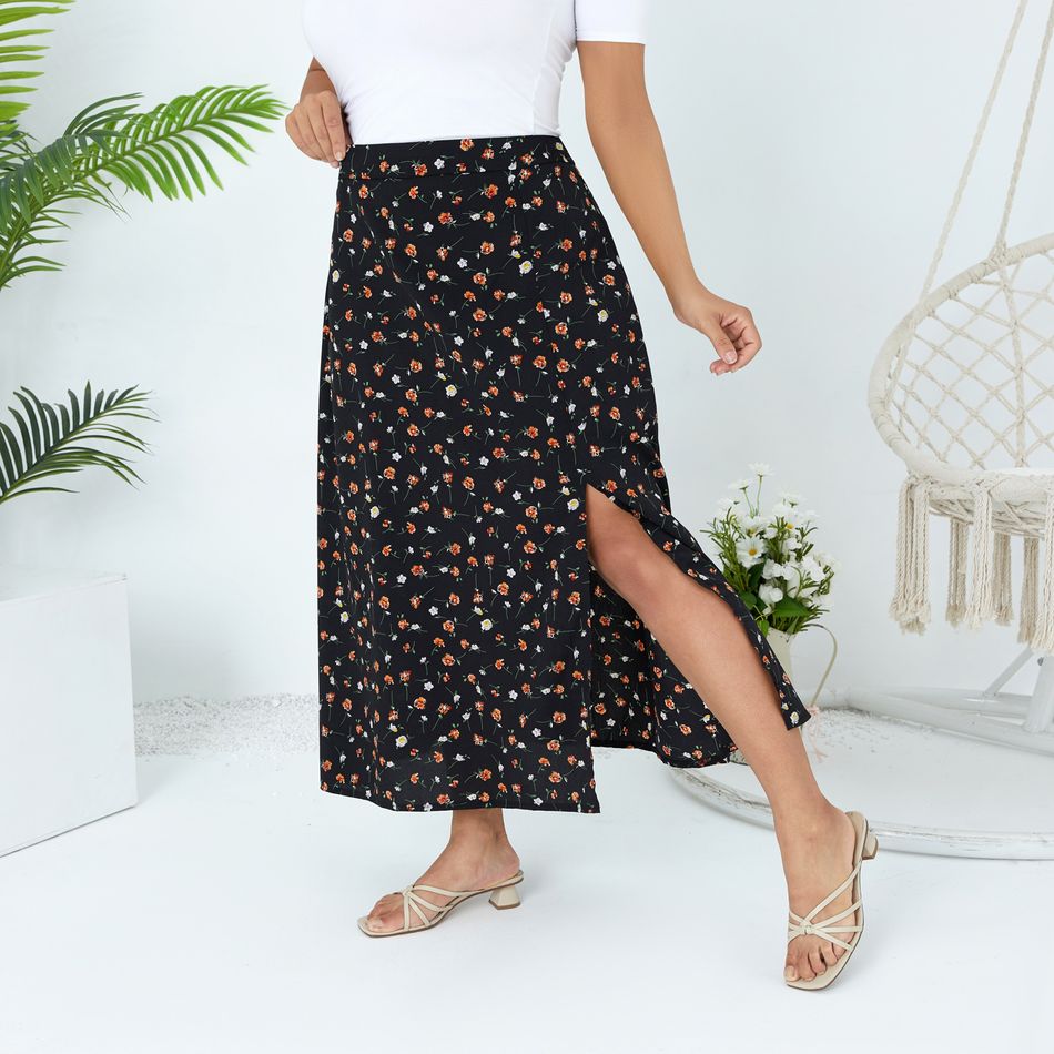 Women Plus Size Elegant Floral Print Side Slit Maxi Skirt Black