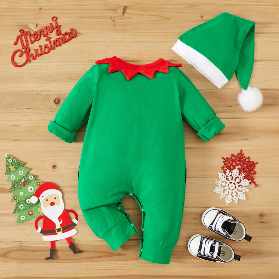 100% Cotton Baby 2pcs Christmas Green / Red Long-sleeve Jumpsuit Set Green big image 2