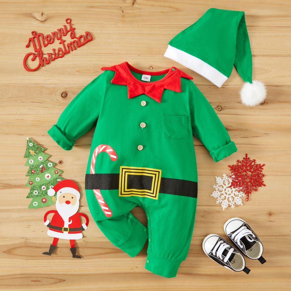 100% Cotton Baby 2pcs Christmas Green / Red Long-sleeve Jumpsuit Set Green big image 1